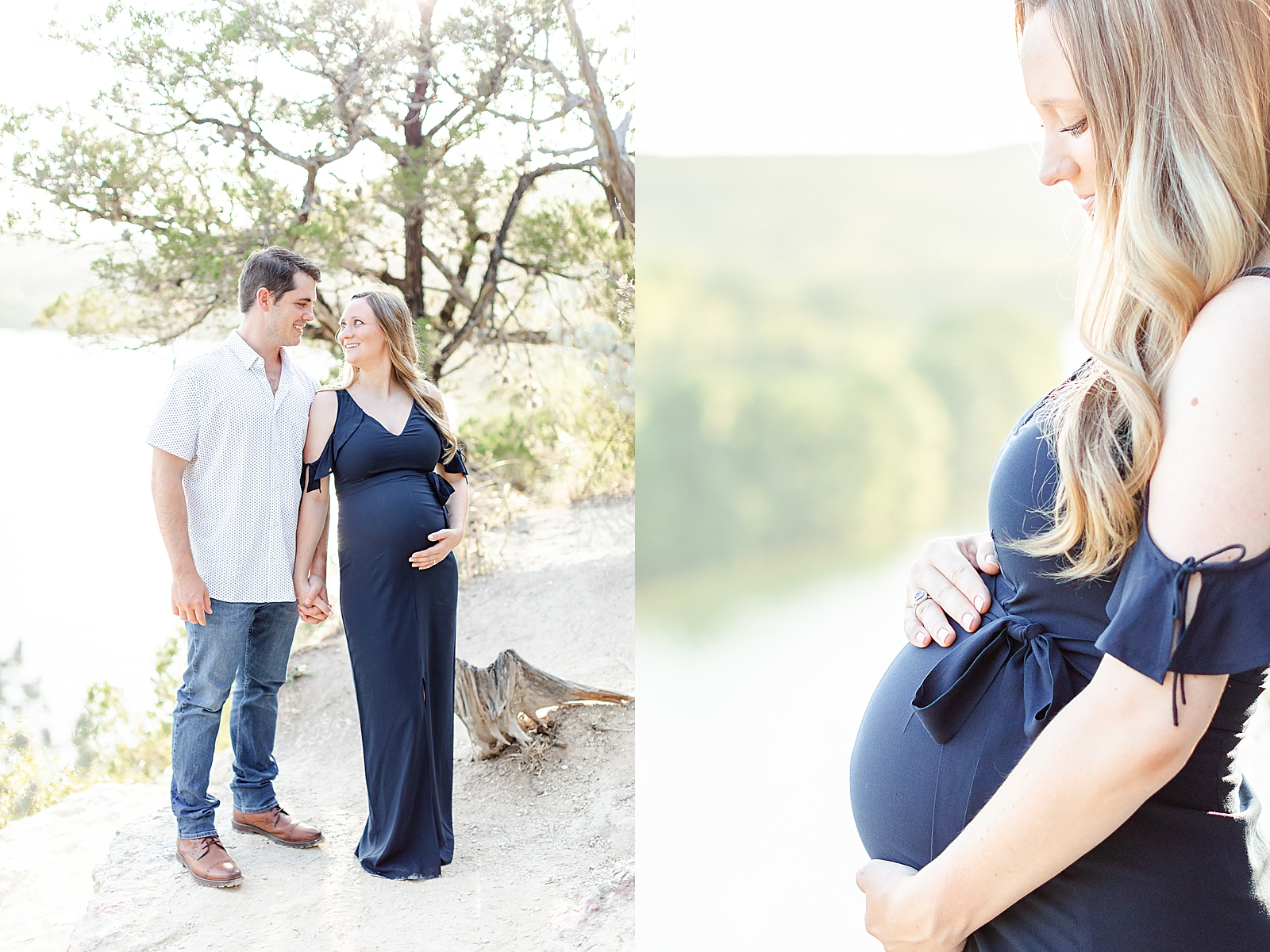 husband and wife holding hands looking at one another as wife holds onto baby bump and detail shot overlooking lake Austin with mom holding baby bump looking down at baby