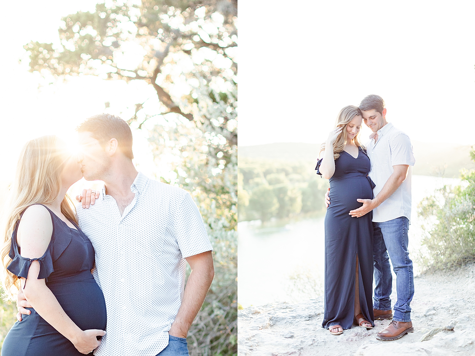 sun flair coming through the faces while expecting mom and dad share a kiss while mom holds on to her baby bump and picture of mom and dad standing holding onto baby bump looking at baby above lake Austin