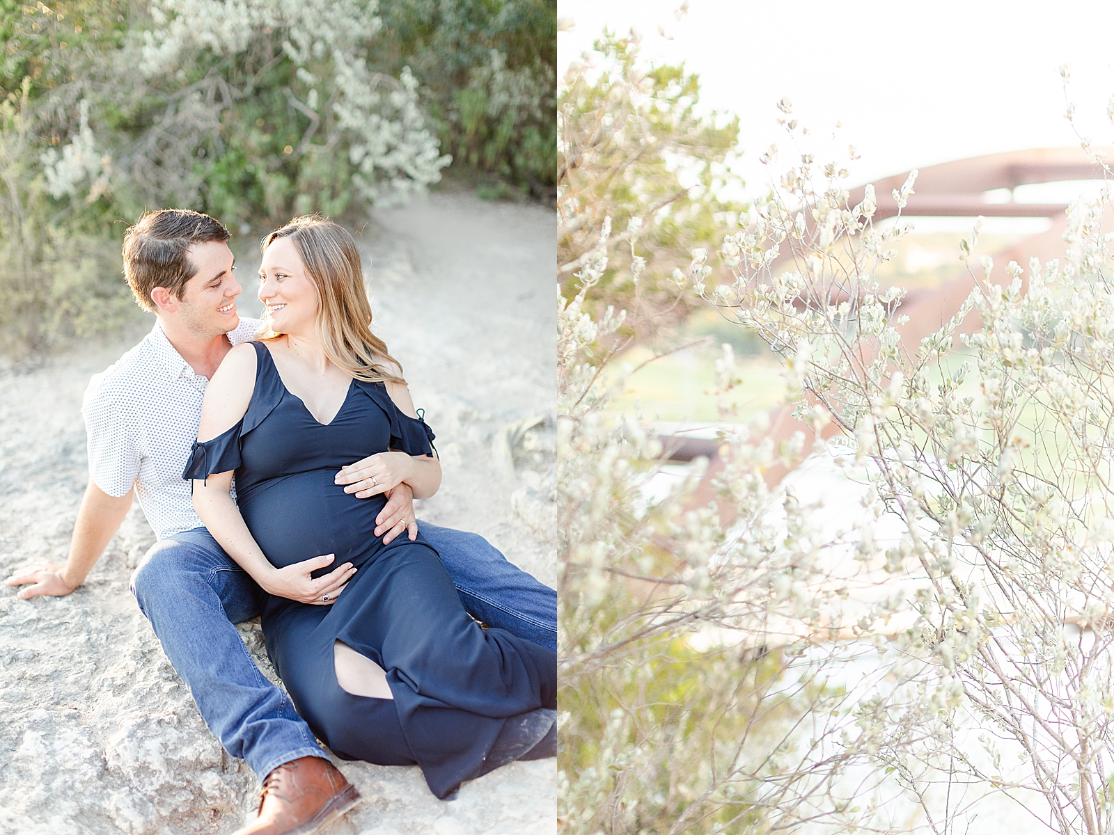 detail photo of the 360 bridge in Austin and photo of expecting mom and dad sitting on the ground holding baby bump looking and smiling at one another