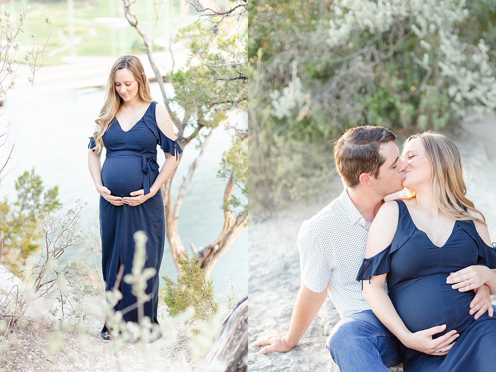 Pregnant mom wearing navy blue maxi holding her belly looking down and photo od husband and wife sitting on the ground kissing holding on to baby bump