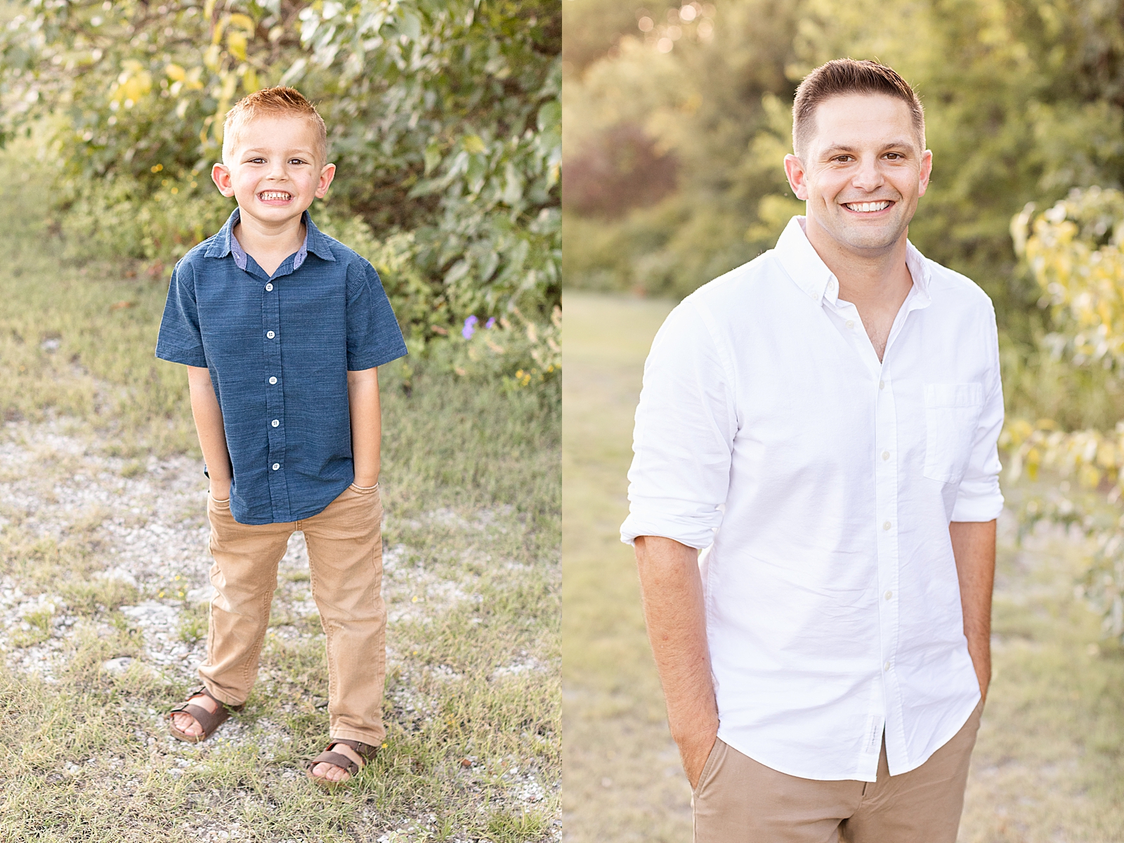 little boy poses for the camera with hands in his pocket just like dad who is posing for the camera with his hands in his pockets at their family session