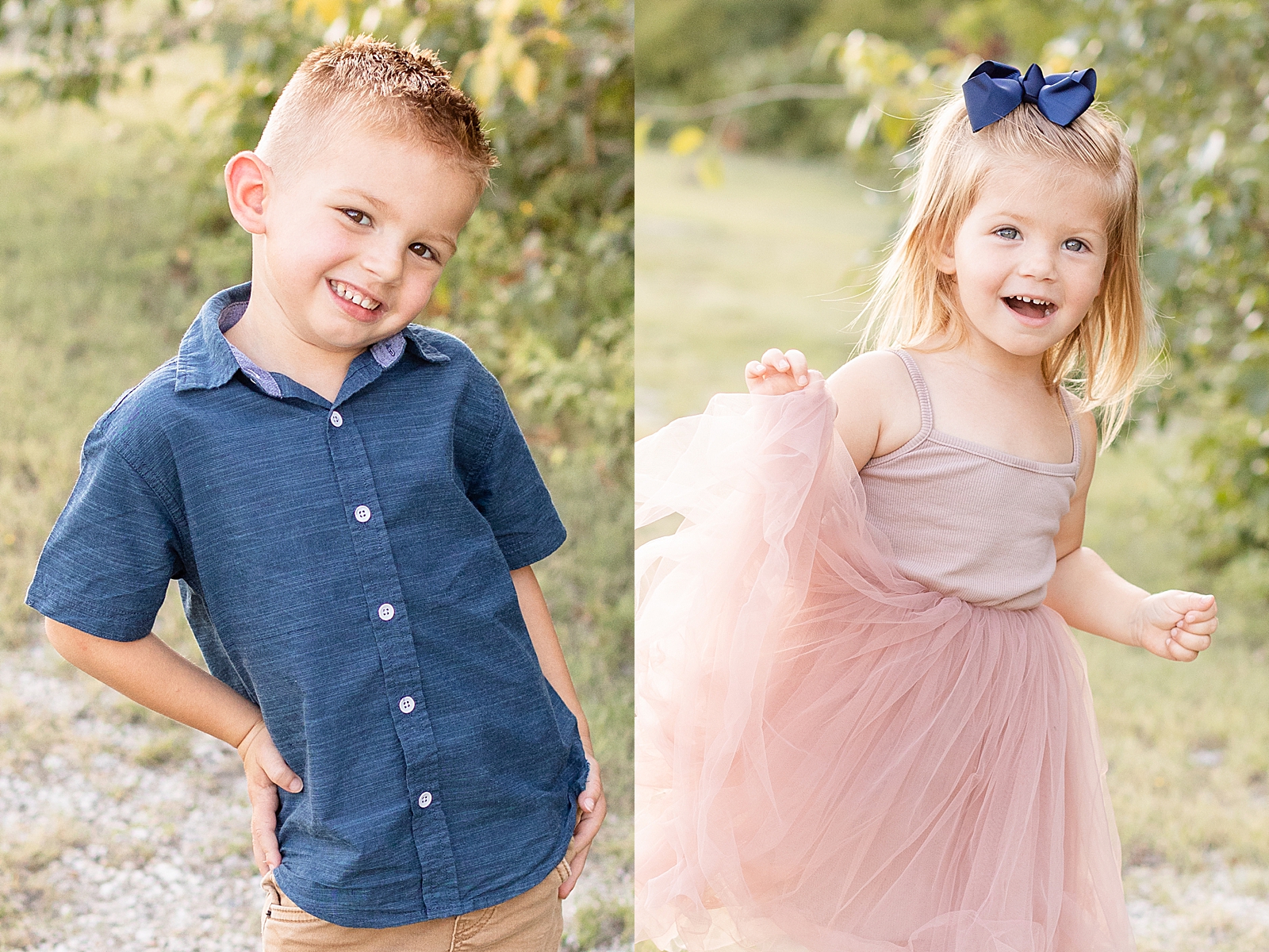 little boy smiles at the camera striking a pose with his hand on his hip while his sister smiles big at the camera holding up her pink tutu dress during their family session at the park