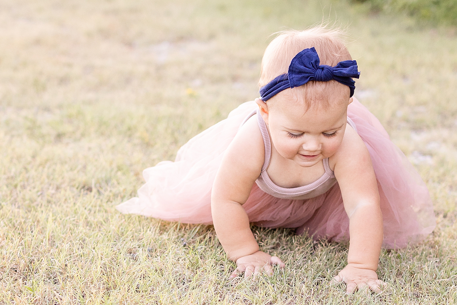 baby girl in pink tutu and blue bow crawls on the grass during family session