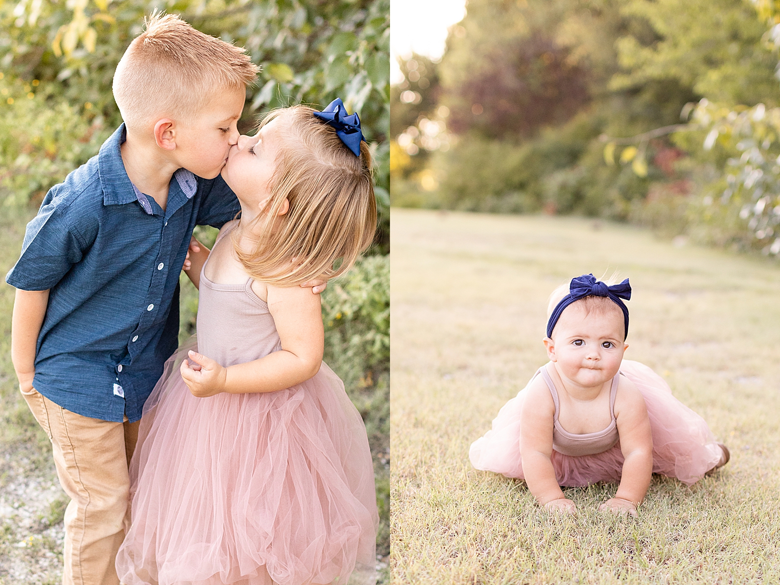 toddler girl wearing pink tutu gives her older brother a kiss and baby sister also wearing a pink toto and navy blue bow crawls in the grass and smiles at the camera