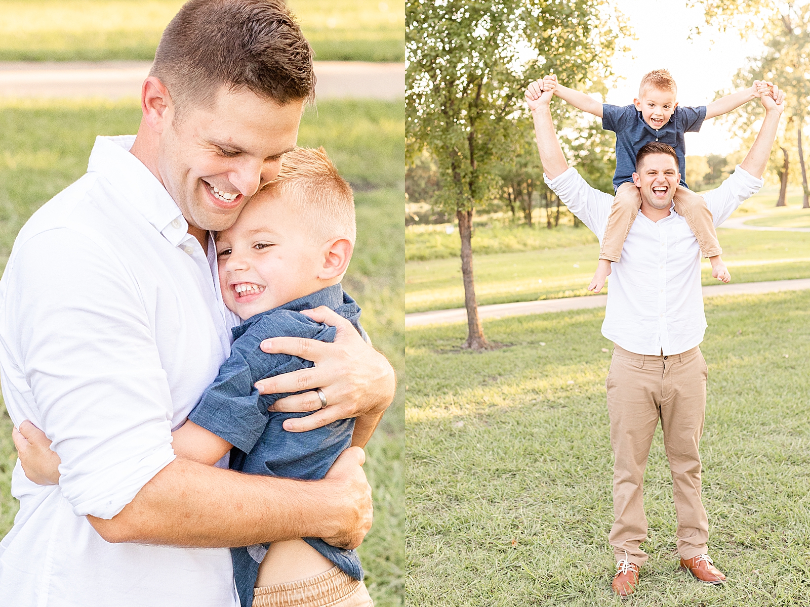 dad and son give each other a big hug during family session and son rides on his dads shoulders with their arms up in the air having fun