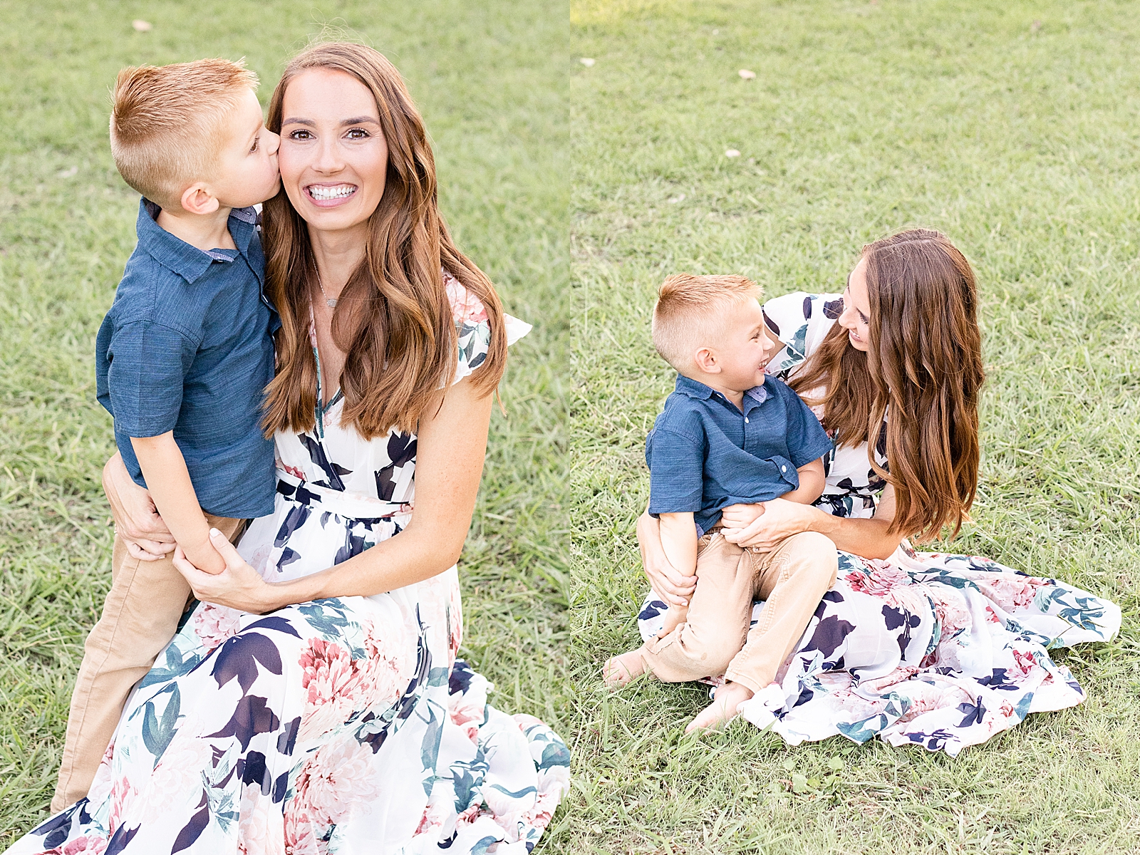 toddler boy gives mom a kiss on the cheek and snuggles in oh her lap during family session