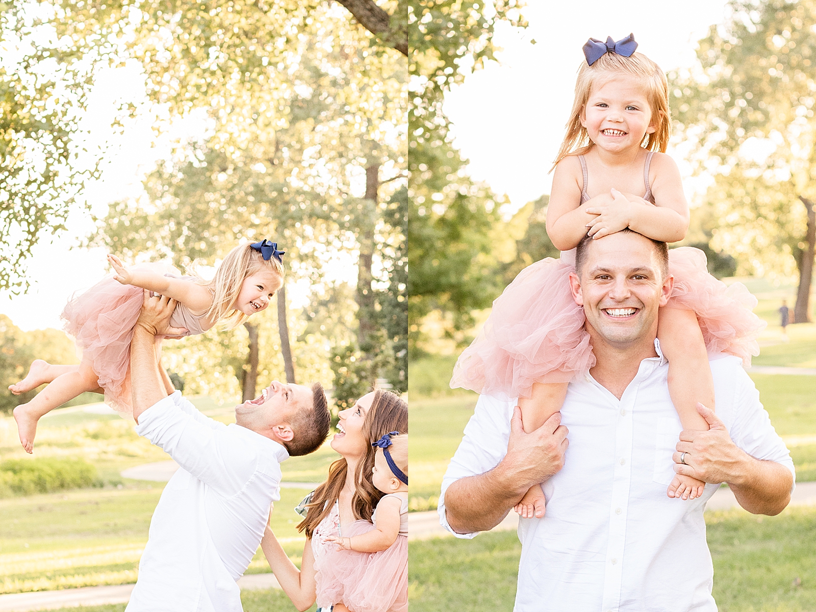 dad throws up toddler girl in the air while mom and baby sister laugh at her and toddler girl in pink tutu rides on dads shoulders during family session