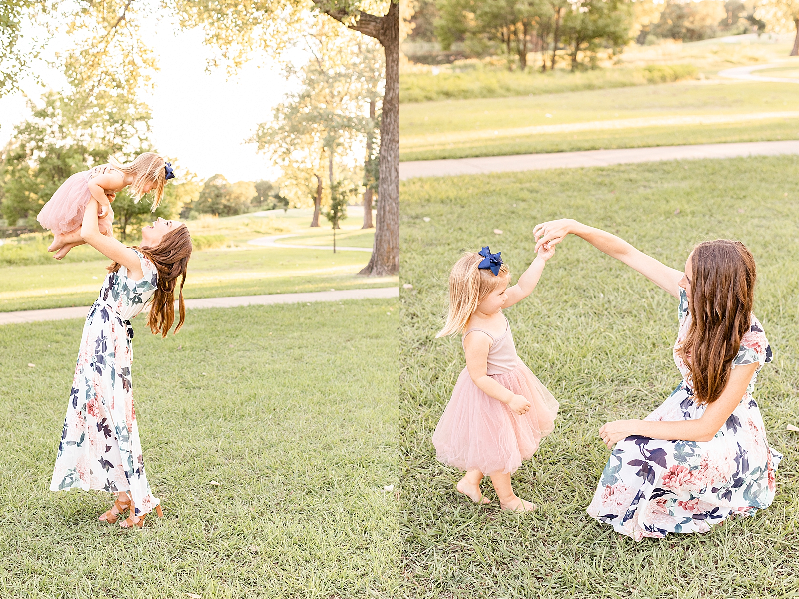 mom twirls toddler daughter in pink tutu and navy blue bow and throws her up in the air while daughter laughs