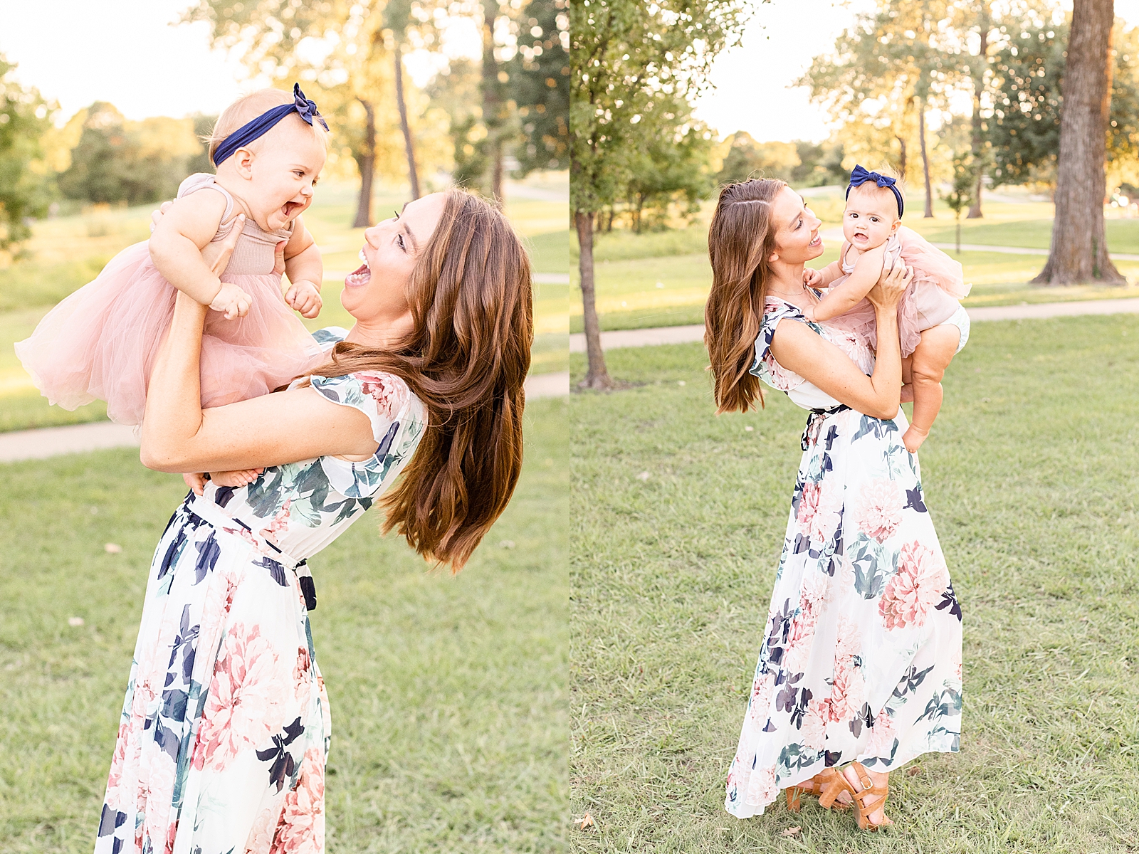 mom holding out baby girl in pink tutu and navy blue bow while baby gives big smile