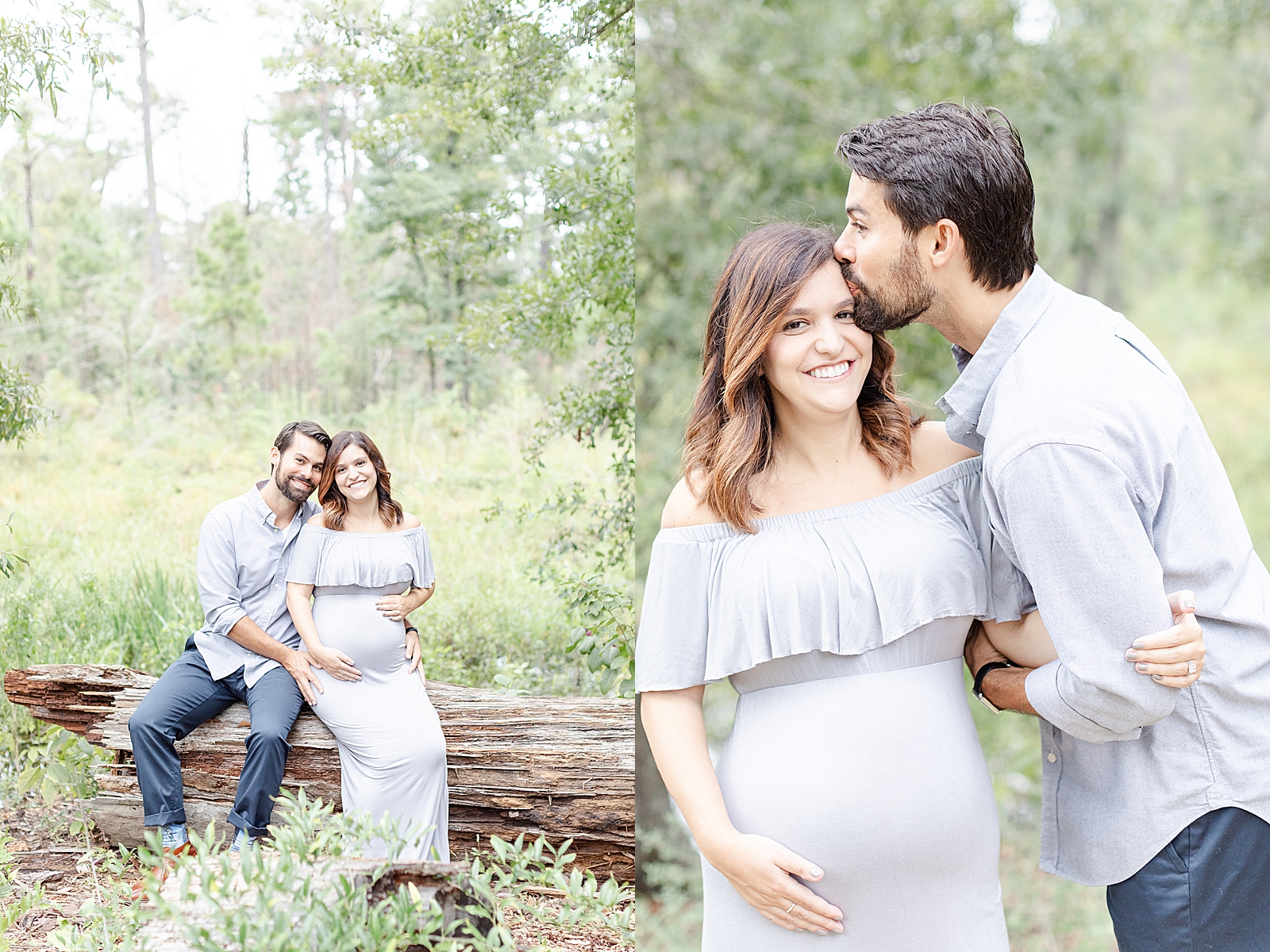 Rainbow baby maternity session with expecting husband and wife sitting on a fallen log with their heads together holding on to baby bump and husband kissing wife on forehead as she holds on to her baby bump