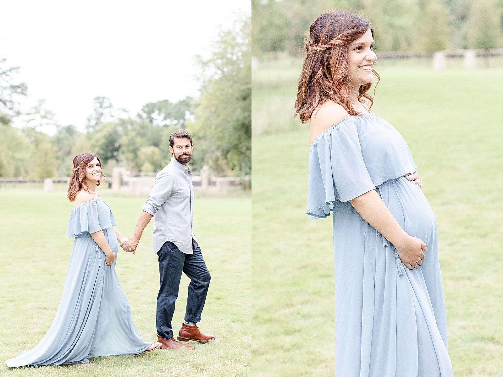 husband leading his pregnant wife across the grass while smiling at the camera and close up shot of pregnant mom holding her baby bump wearing a blue gown during maternity photos