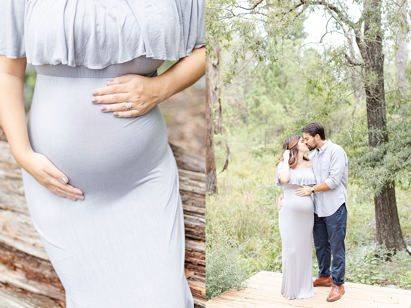 pregnant mom holding on to her baby bump while sitting on a log at memorial park and image of husband and wife sharing a kiss while husband holds on to baby bump during rainbow baby maternity session