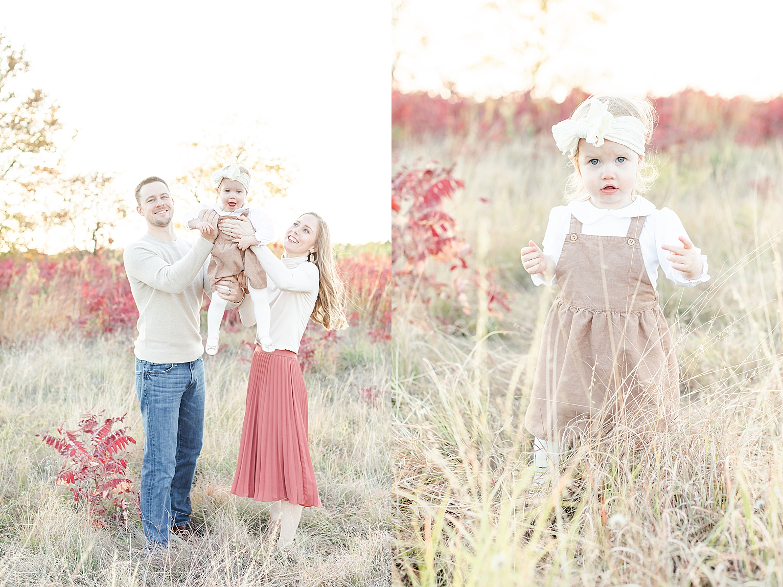 fall family session with mom and dad wearing fall outfits hold up toddler girl in the air smiling while she laughs and toddler girl walking through a field at sunset with a big white bow and beige velvet overall dress