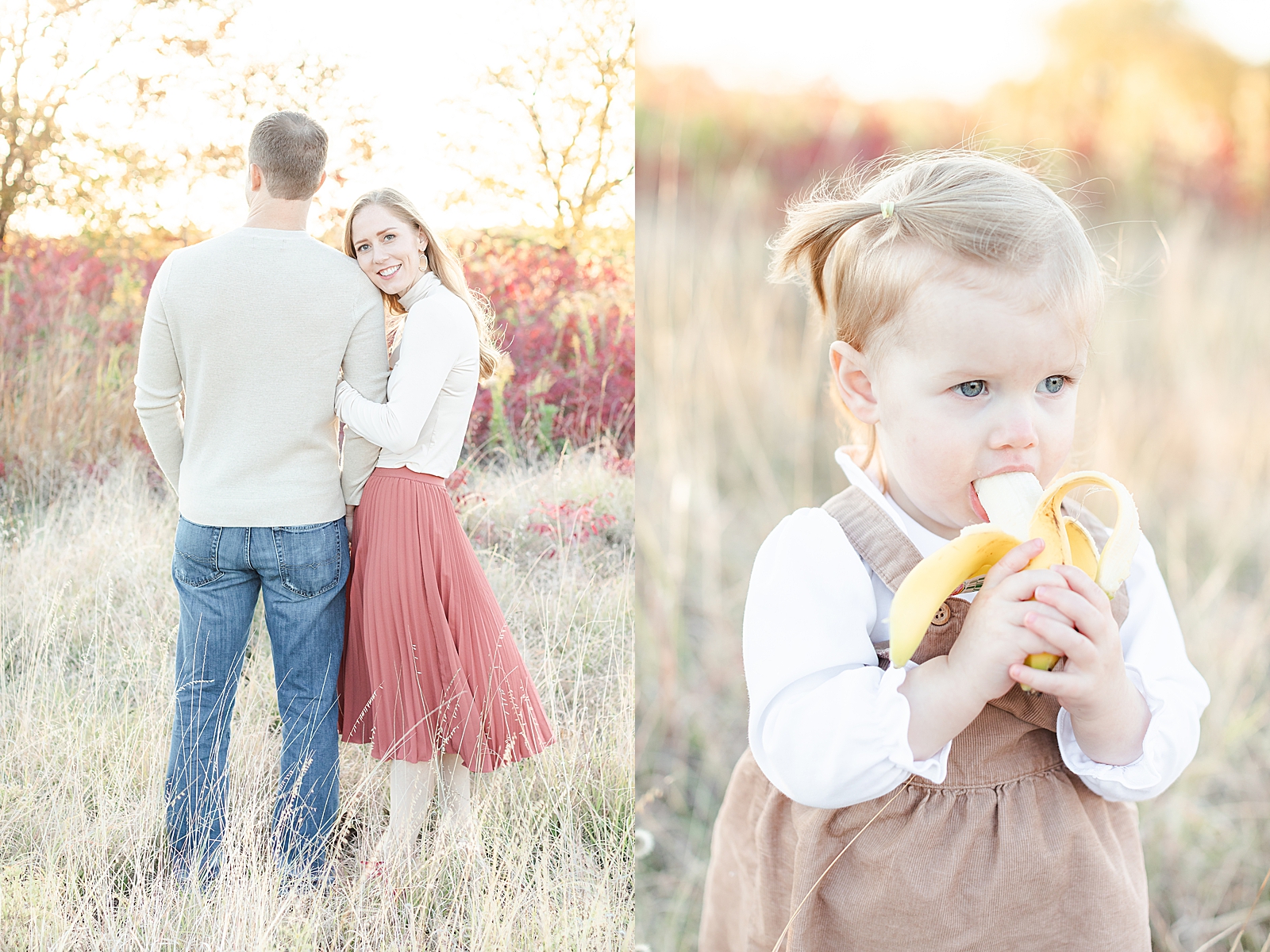 mom and dad portrait of dad facing away from camera while mom snuggles in and rests head on his shoulder looking t the camera wearing rust colored skirt for their fall family session and picture of toddler girl eating a banana at sunset in a field
