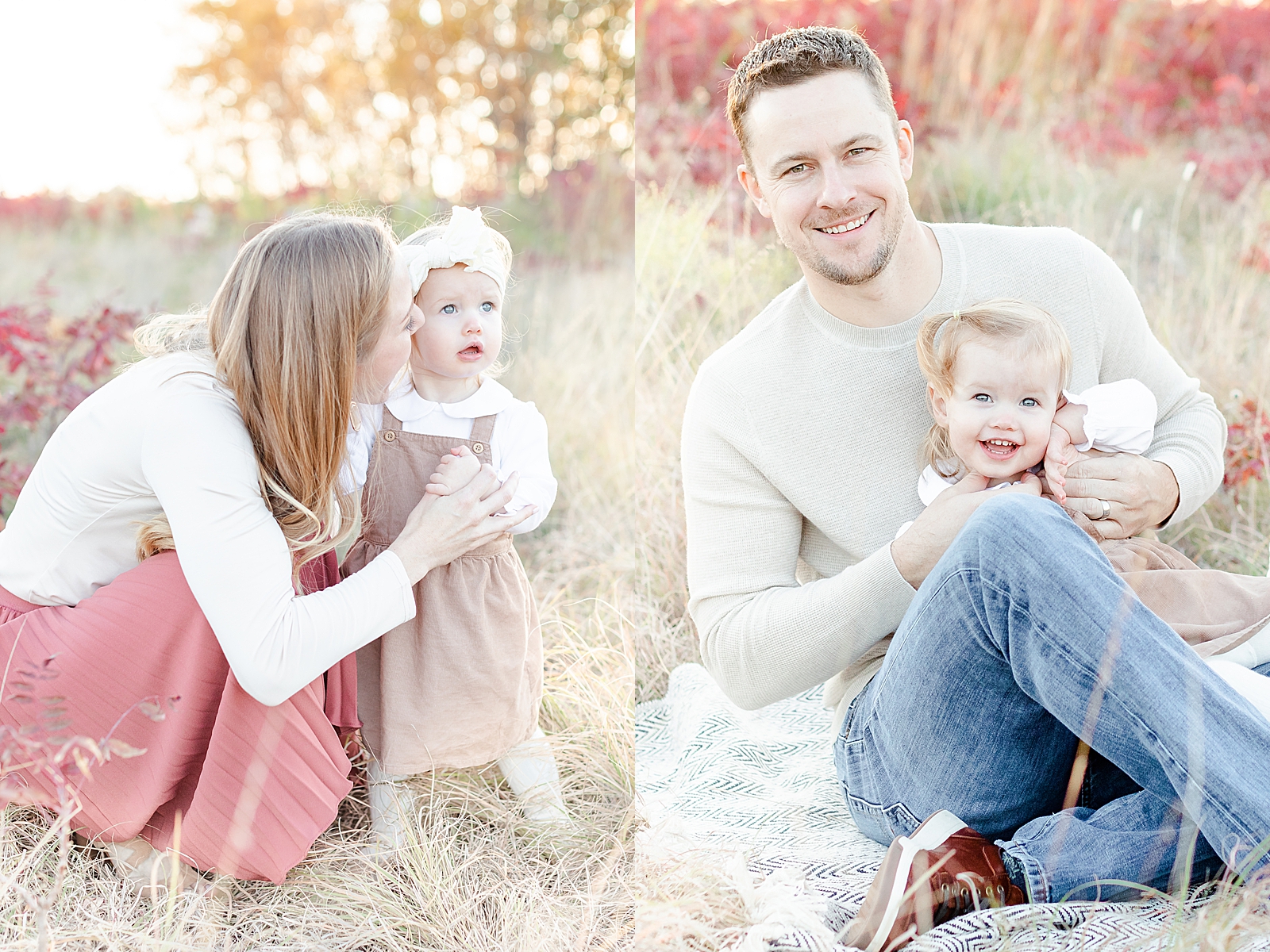 red head mom in rust colored skirt kisses toddlers cheek during fall family session and dad sitting on a blanket cross legged with daughter in his lap both smiling at the camera