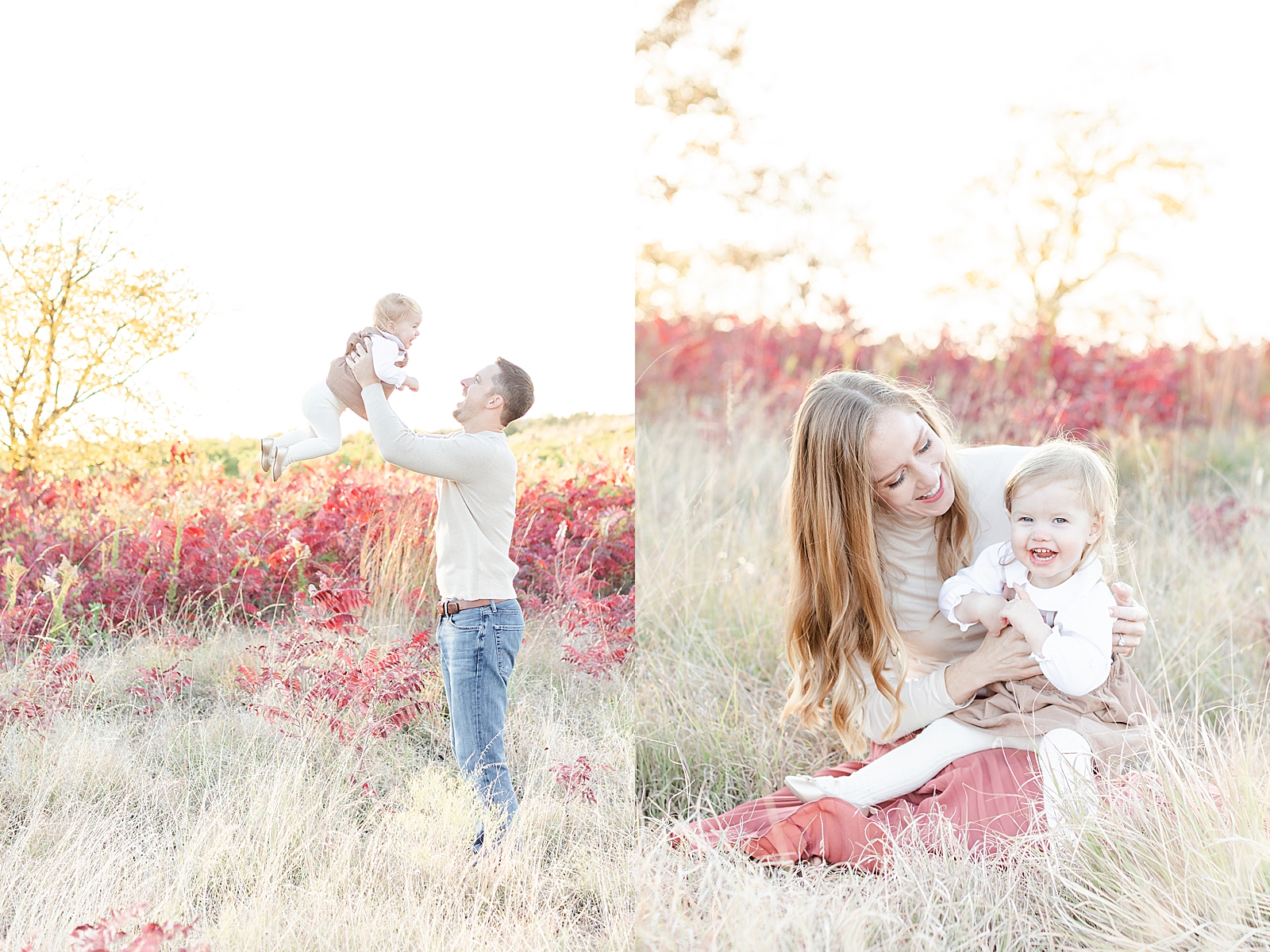 dad throws toddler daughter in the air during fall family session both laughing and toddler girl sitting in moms lap laughing while mom smiles down at her