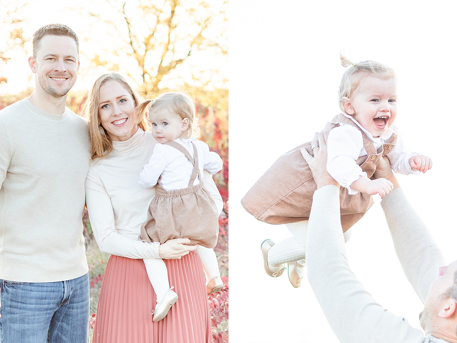 fall family session mom dad and toddler smiling at the camera and image of toddler being thrown up into the air laughing