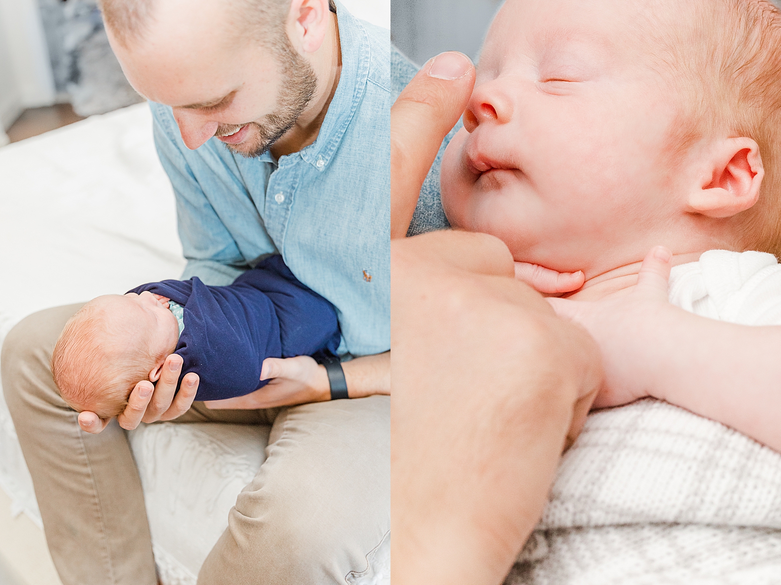 dad looks down at his newborn son he is holding in front of him swaddles and asleep and picture of dad booping his sons nose during lifestyle newborn photos in their home
