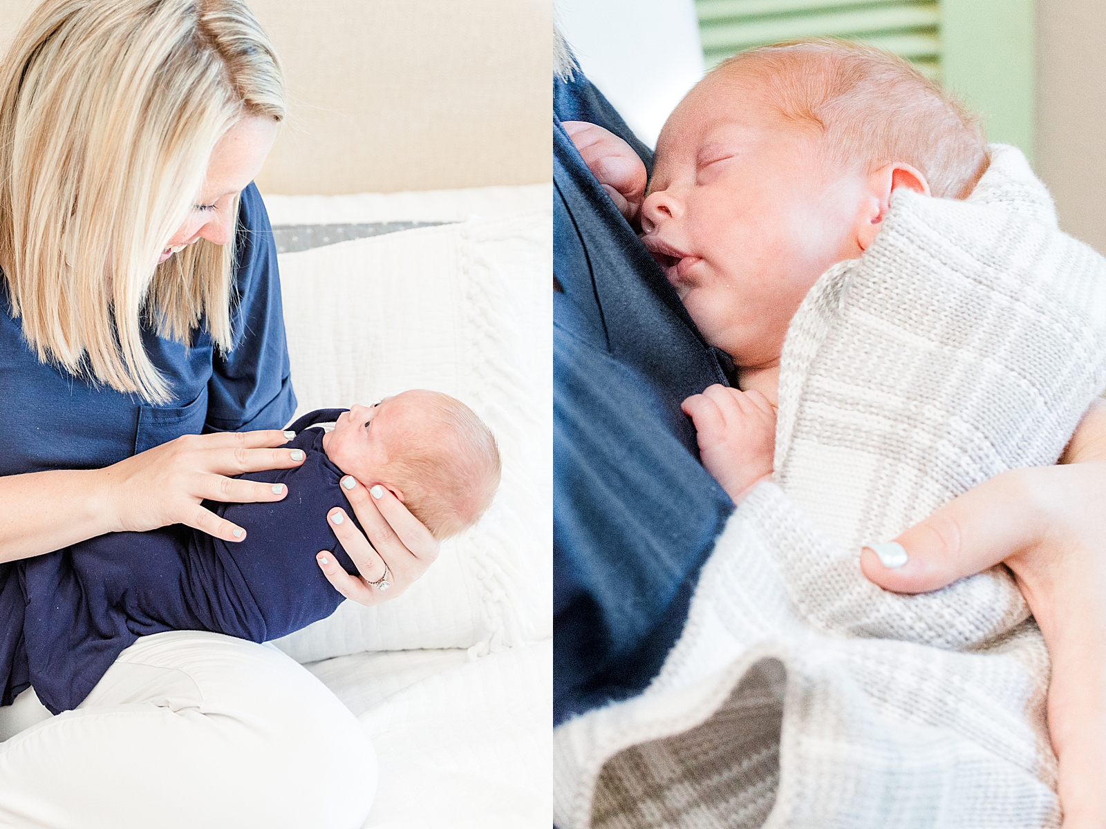 mom holding newborn baby in navy blue swaddle out in front of her smiling and close up of baby asleep on her chest