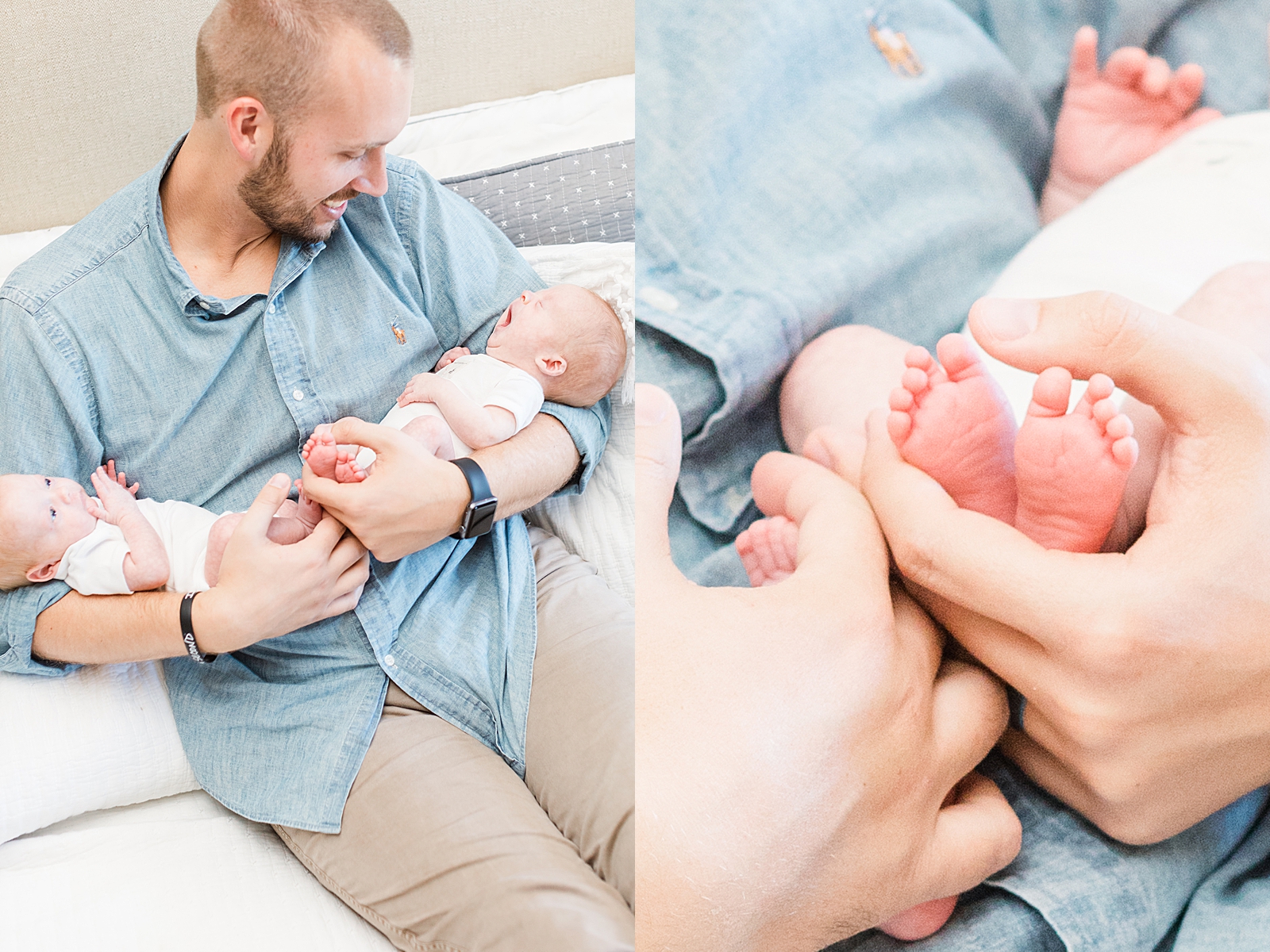lifestyle newborn photos of dad on bed holding twin boys and close up picture of his hands with newborn baby feet