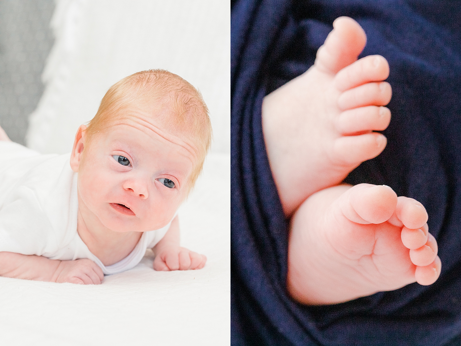 baby in white onesie on white bed doing tummy time during newborn photos and close up of baby feet