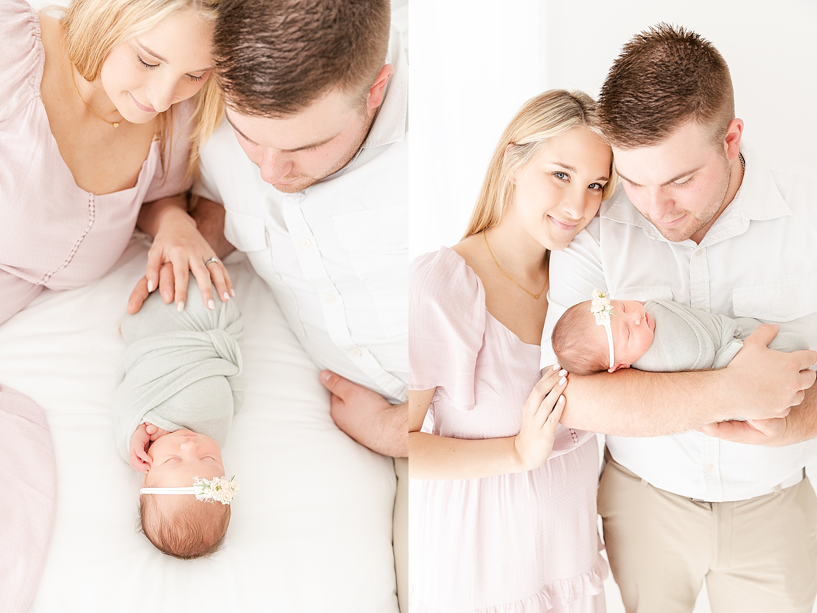 lifestyle newborn session picture of blonde mom in purple dress and brunette dad in white shirt both laying on their side on a white bed with the hand on their newborn baby girl wrapped in a sage green swaddle wearing a flower headband and image of them standing with moms head on dads shoulder while he holds newborn baby