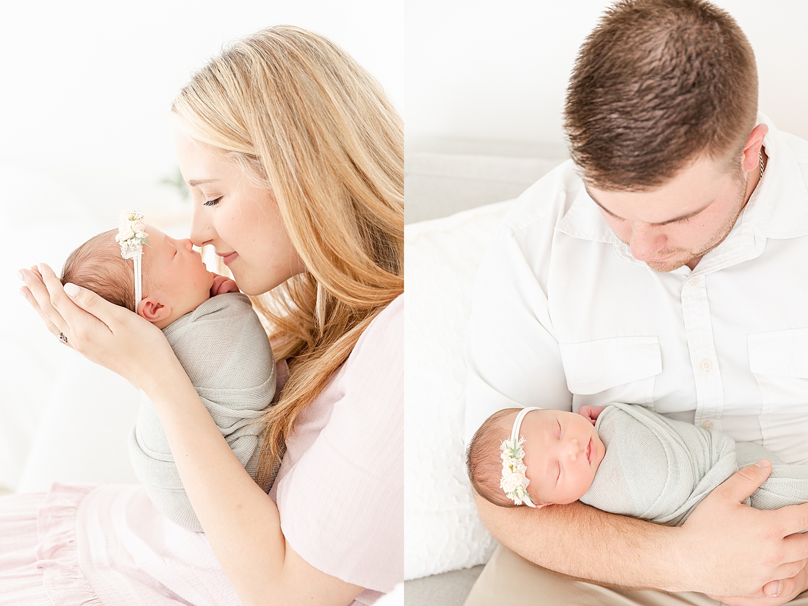Lifestyle newborn session mom nose to nose with her swaddled newborn baby with headband