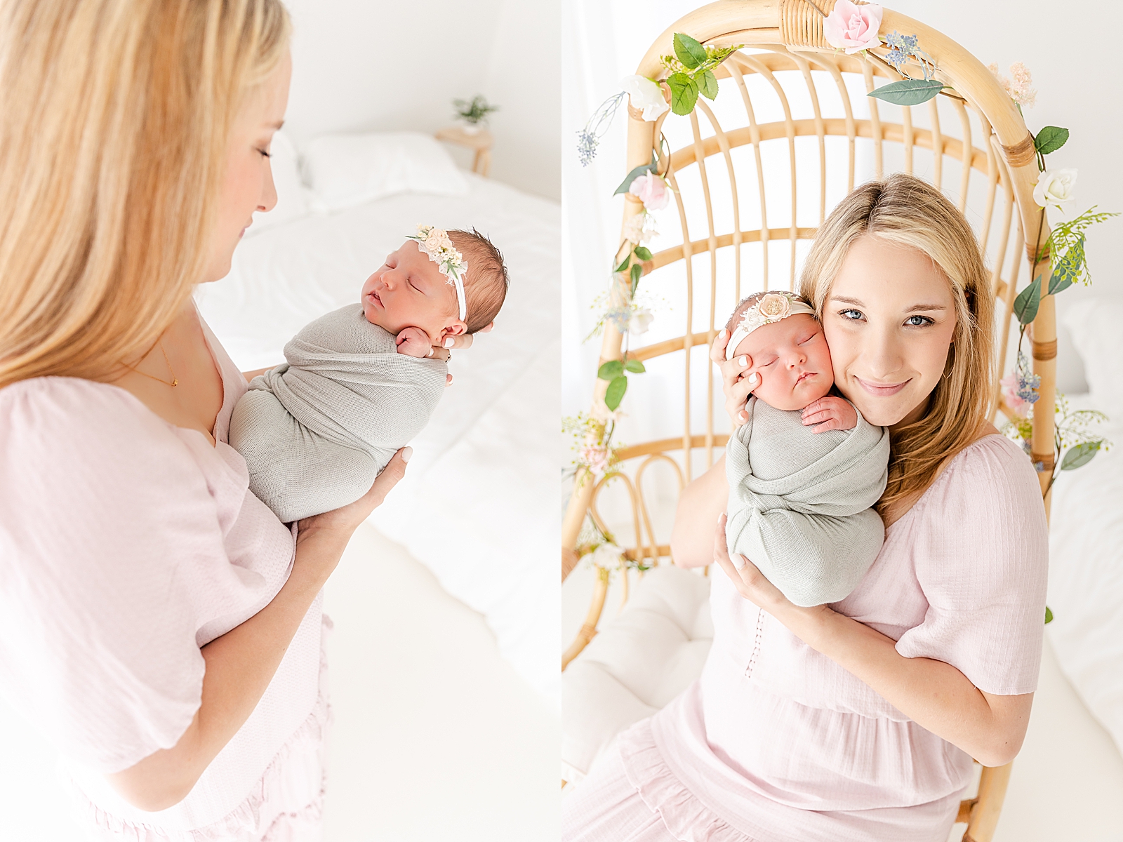 Mom smiling down at swaddled baby in her arms and mom cheek to cheek with her swaddled newborn baby sitting in boho flower chair for lifestyle newborn pictures