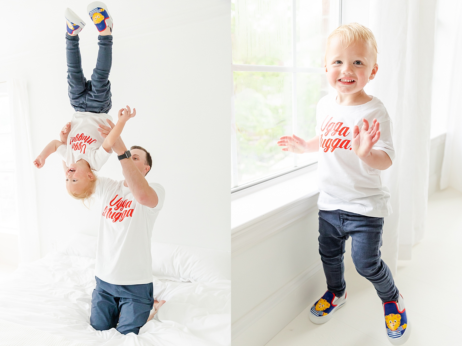 Dad throws toddler son up in the air upside down while they wear matching Daniel tiger ugga mugga shirts and picture of toddler waving at the camera wearing an ugga muggy shirt at second birthday infertility photoshoot