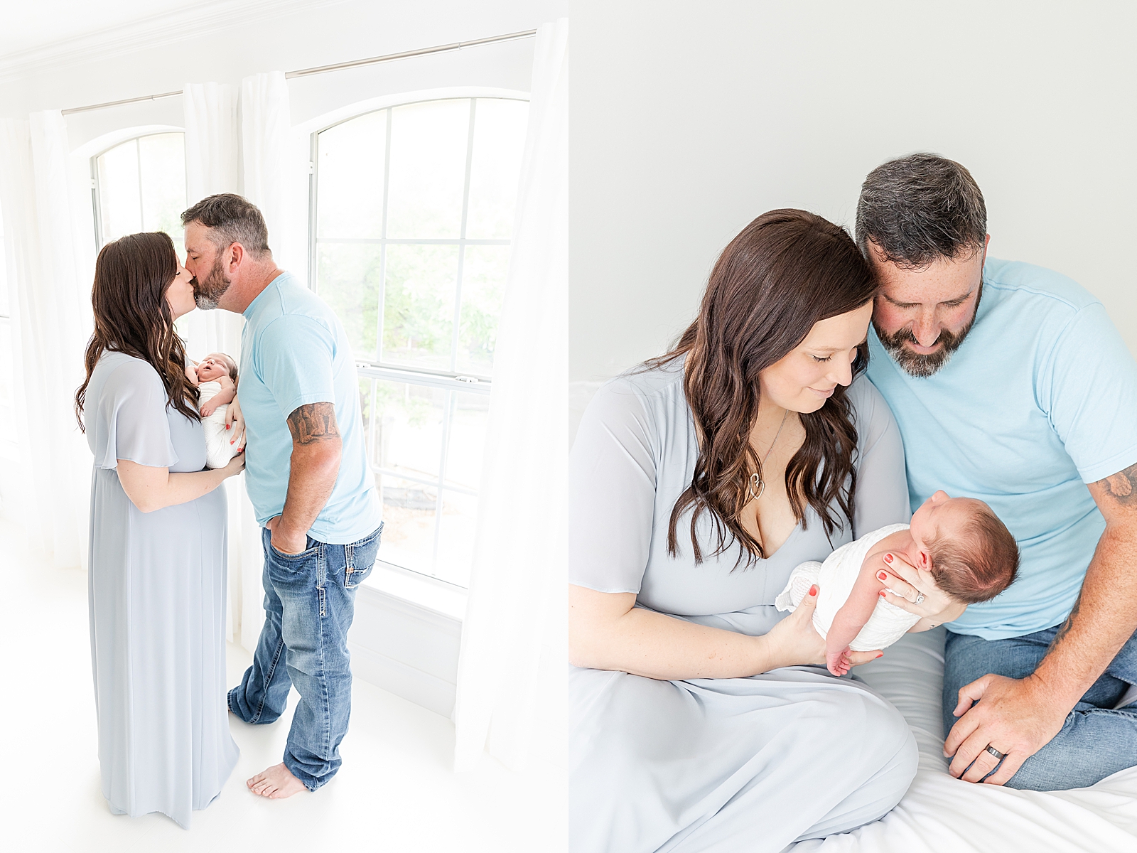 Mom and dad standing and kissing while holding newborn and mom and dad sitting on white bed looking down at baby both wearing blue