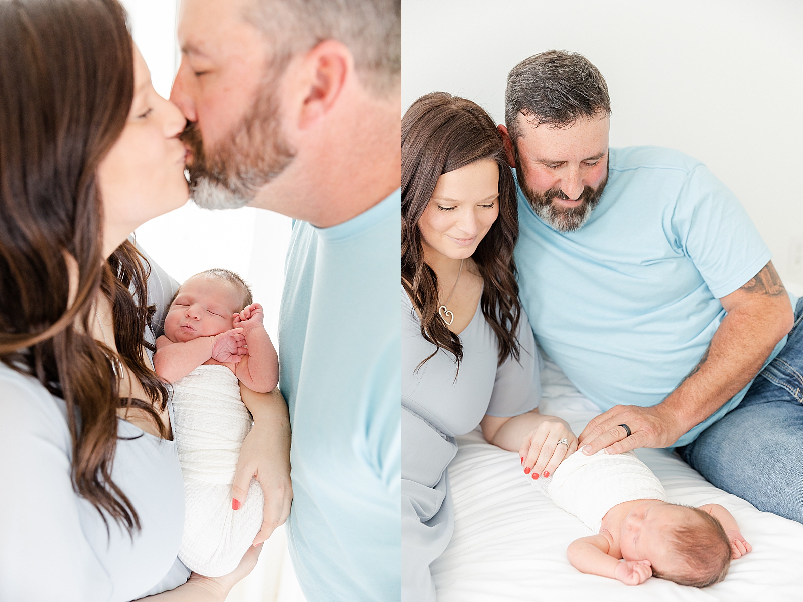 newborn photos of mom and dad sitting on bed with hands on swaddled baby smiling down at him and sharing a kiss while holding baby also making a kissy face