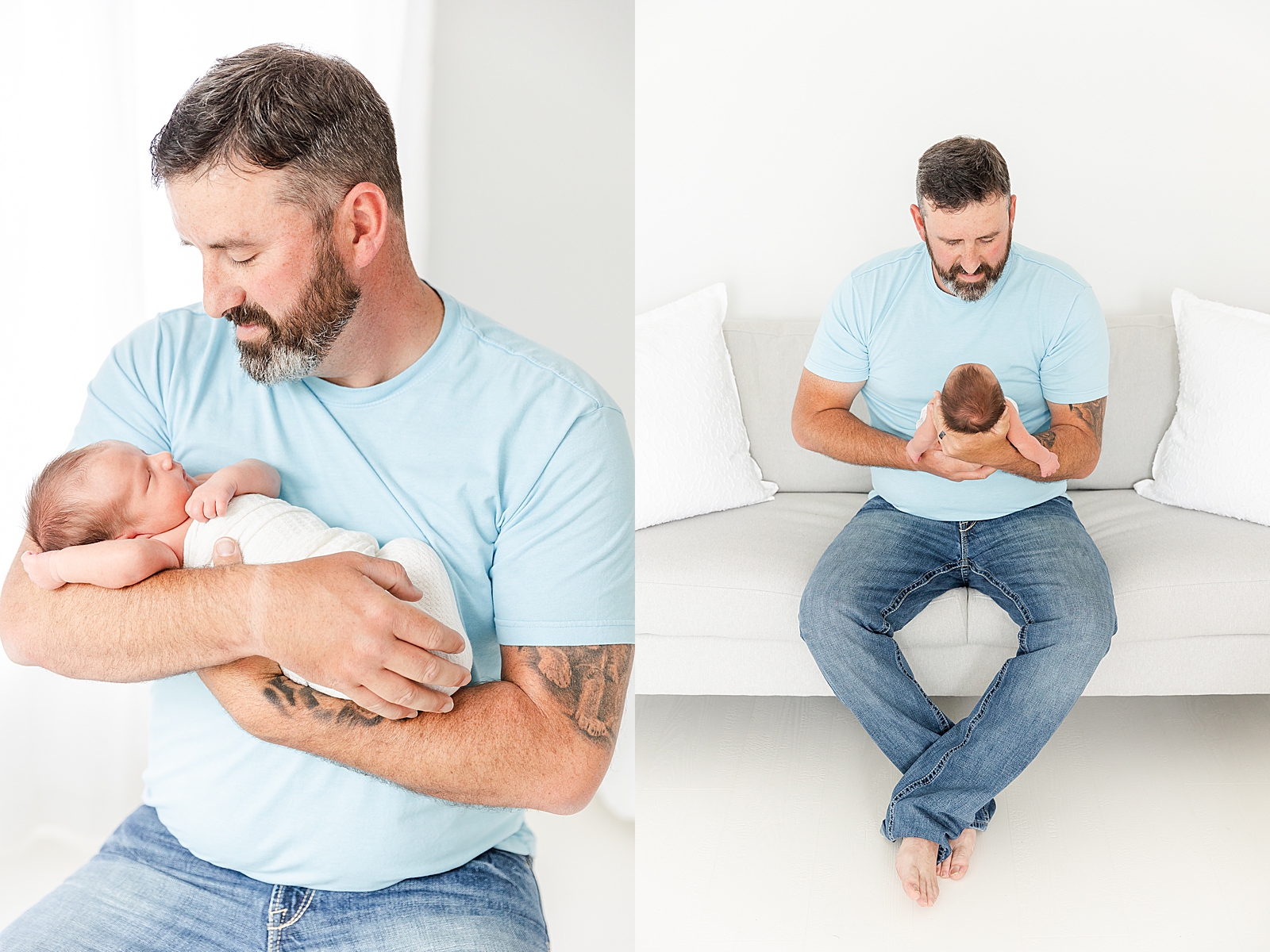 dad sitting holding newborn baby boy looking down at him and wearing blue shirt and jeans