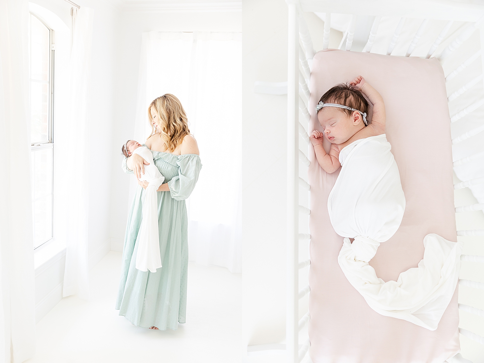 Mommy and Me Lifestyle Newborn Session mom holding baby while standing by the window in a green dress and baby sleeping in a bassinet