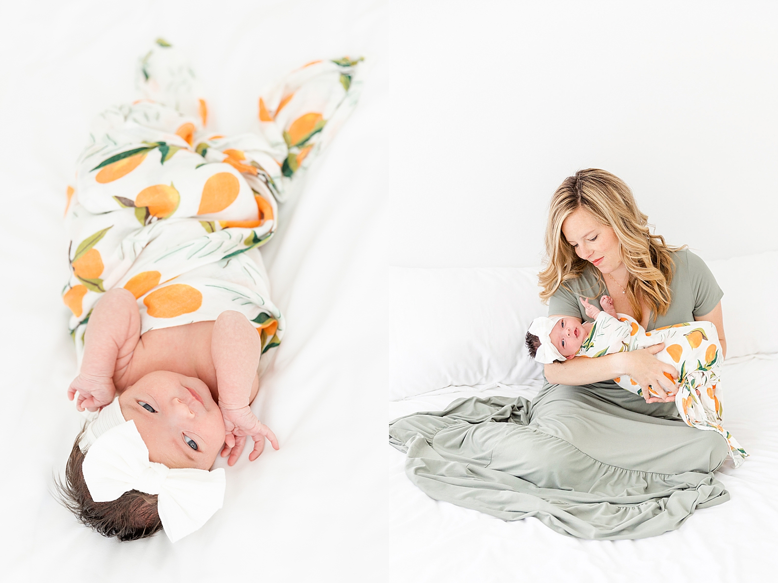 Baby in clementine swaddle on white bed and mom holding swaddled baby in sage green dress