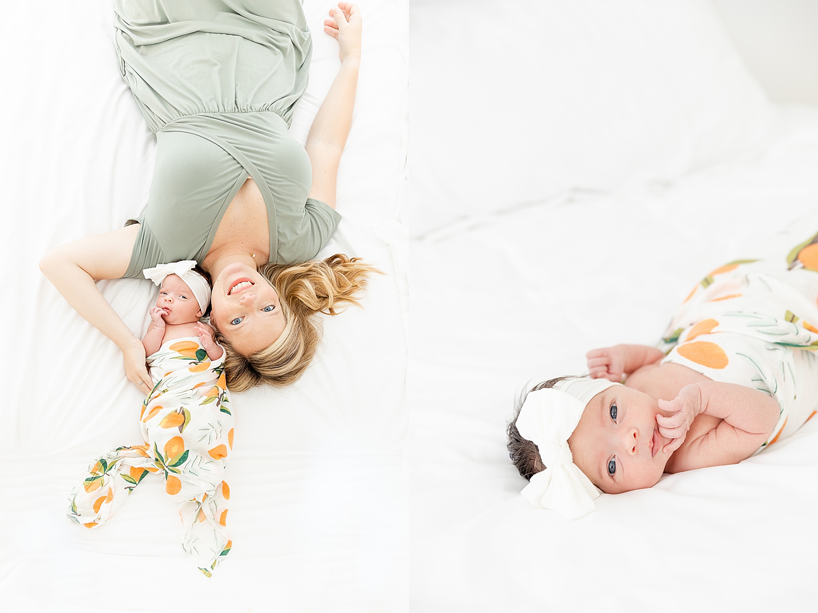 Baby laying on bed with white bow in clementine swaddle looking right at camera and mom and baby head to head laying on bed looking up at camera at lifestyle newborn session