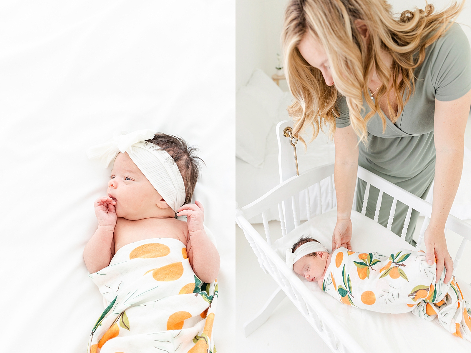 Lifestyle Newborn mommy and me session mom getting sleeping baby out of white bassinet and baby swaddled with arms out and giant white bow laying on white bed