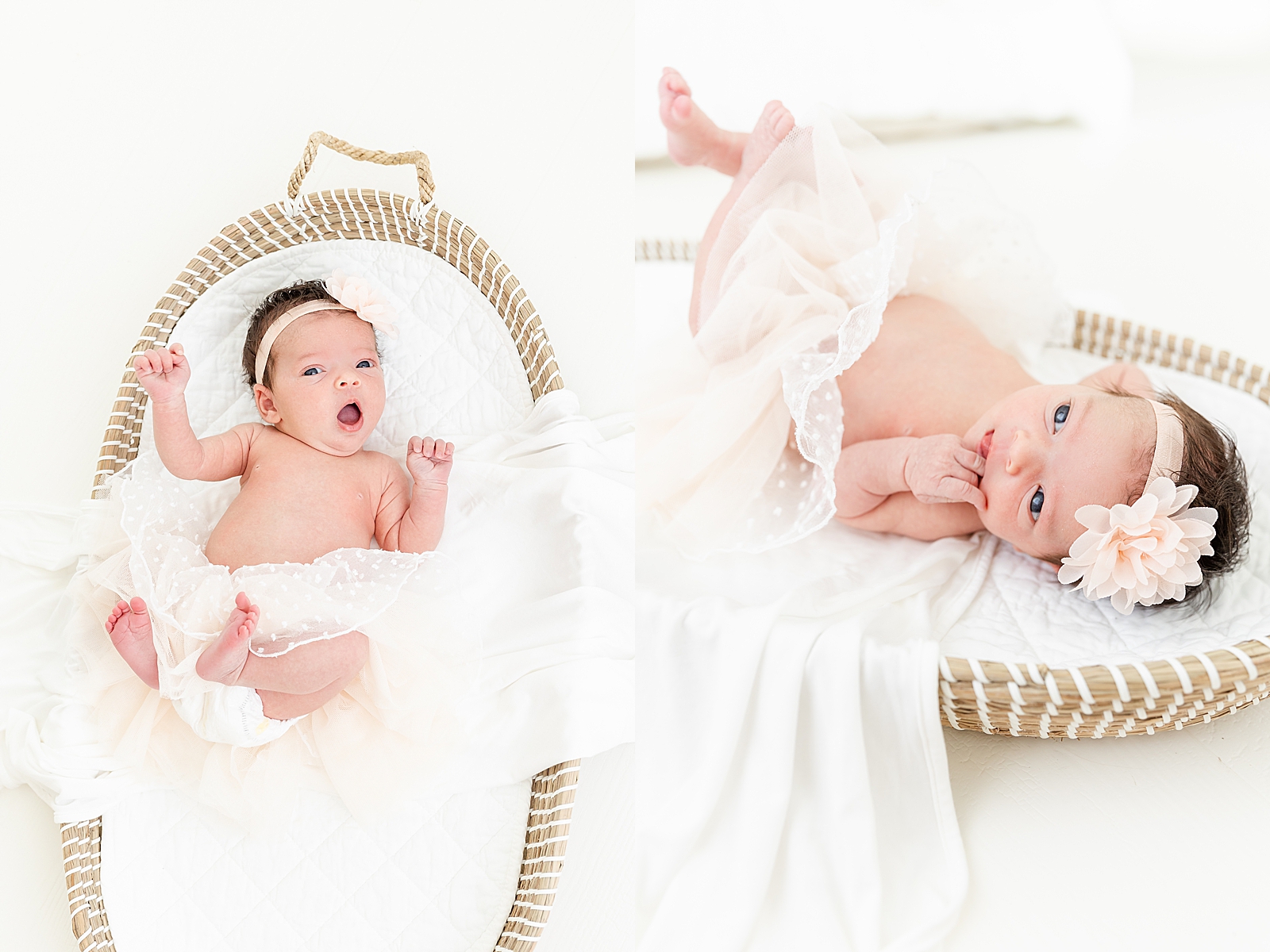 Newborn in Moses basket wearing a tutu and a pink flower bow during lifestyle newborn session