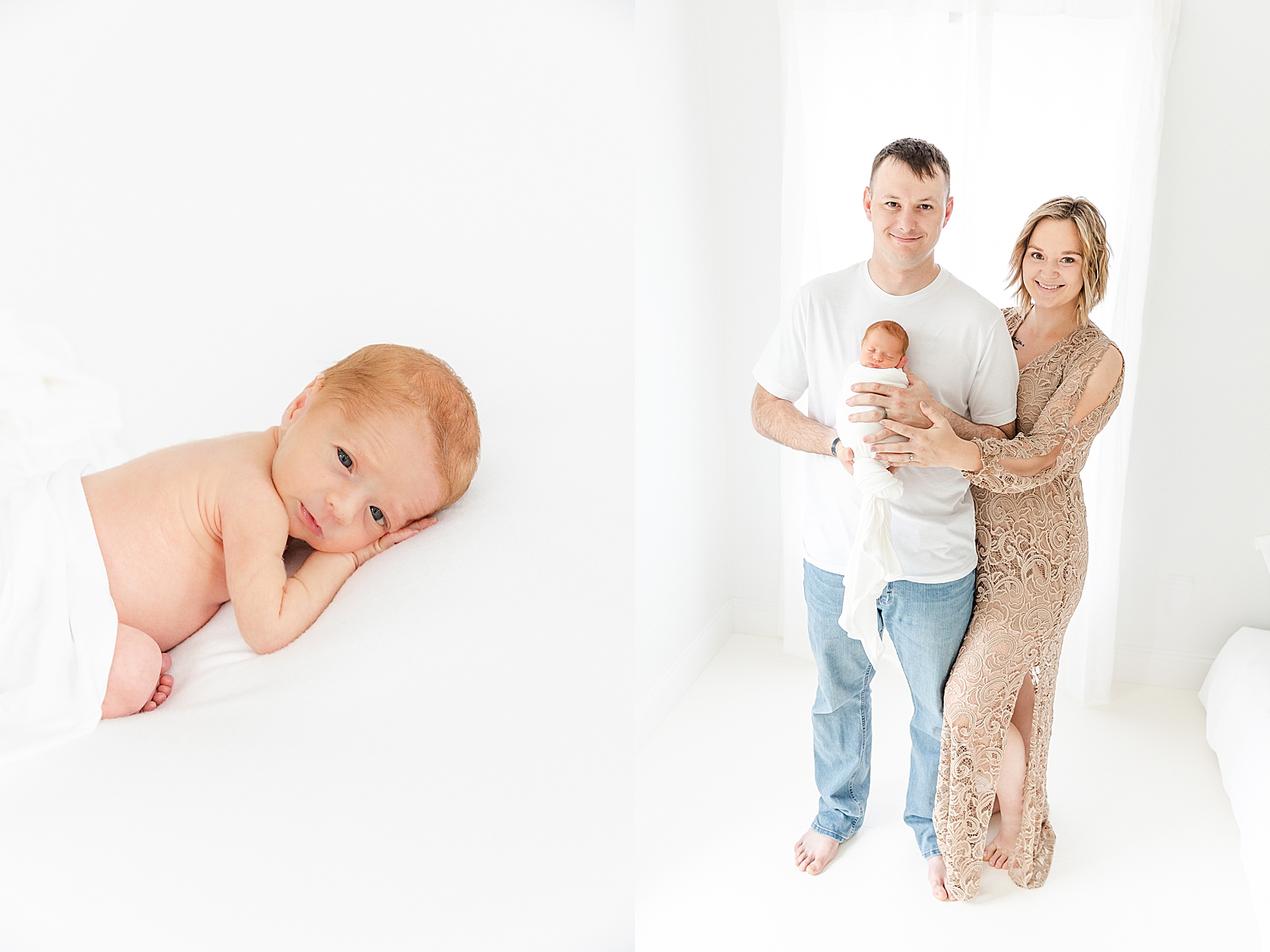 Preemie newborn posed on white backdrop with eyes open looking at camera and mom and dad holding baby asleep wrapped in a swaddle