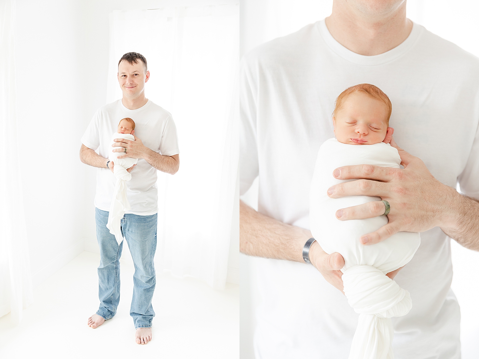 newborn photos of dad holding baby in white swaddle asleep full body and close up of just baby in dad arms dad wearing white shirt and jeans