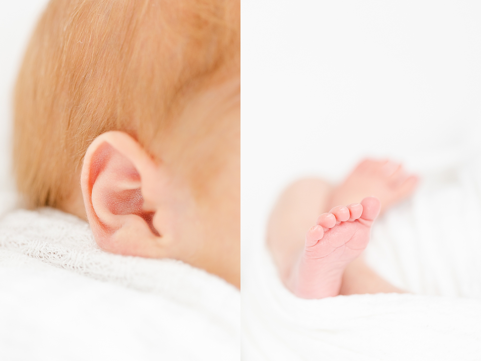 Detail shot of a newborn baby ear and newborn baby toes red headed baby in white swaddle