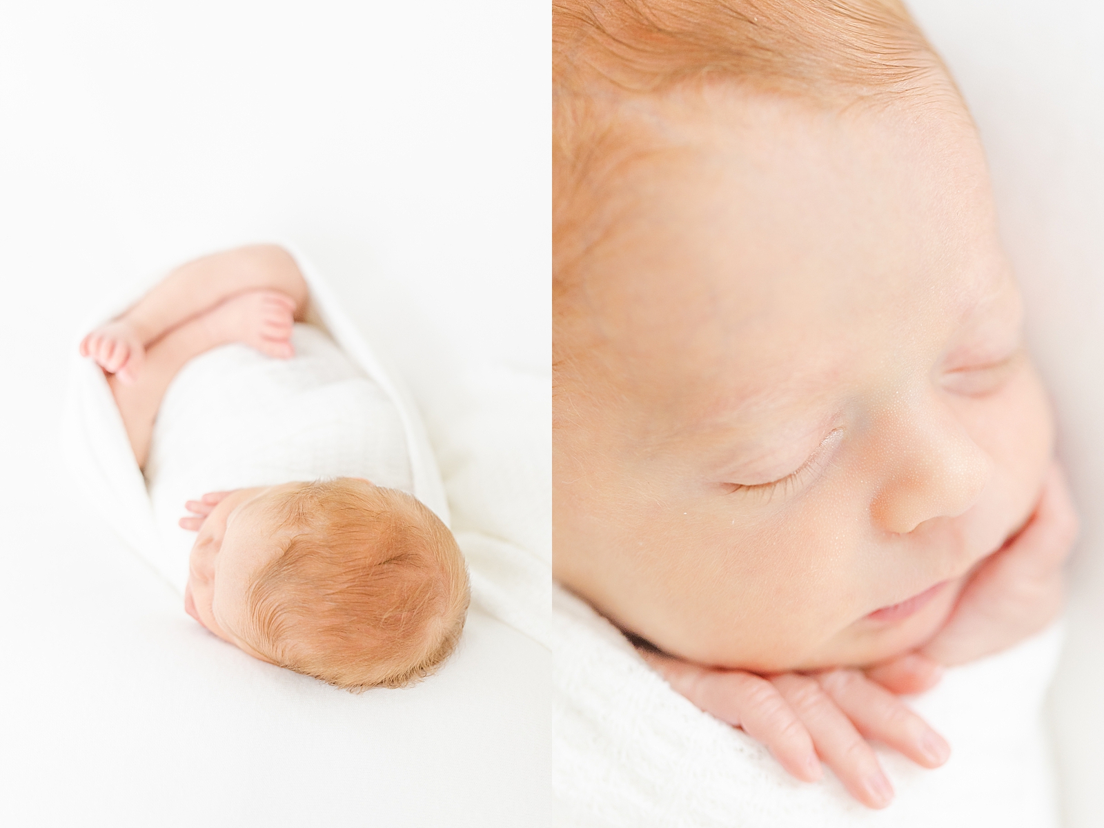 Newborn baby details of top of head and eyelashes while baby is swaddled and asleep on a white backdrop