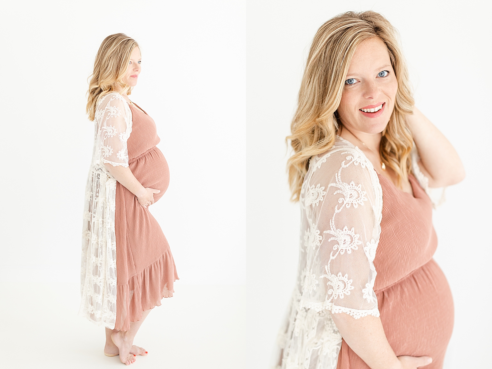 Pregnant mom maternity photos side profile wearing dusty rose dress and white lace duster