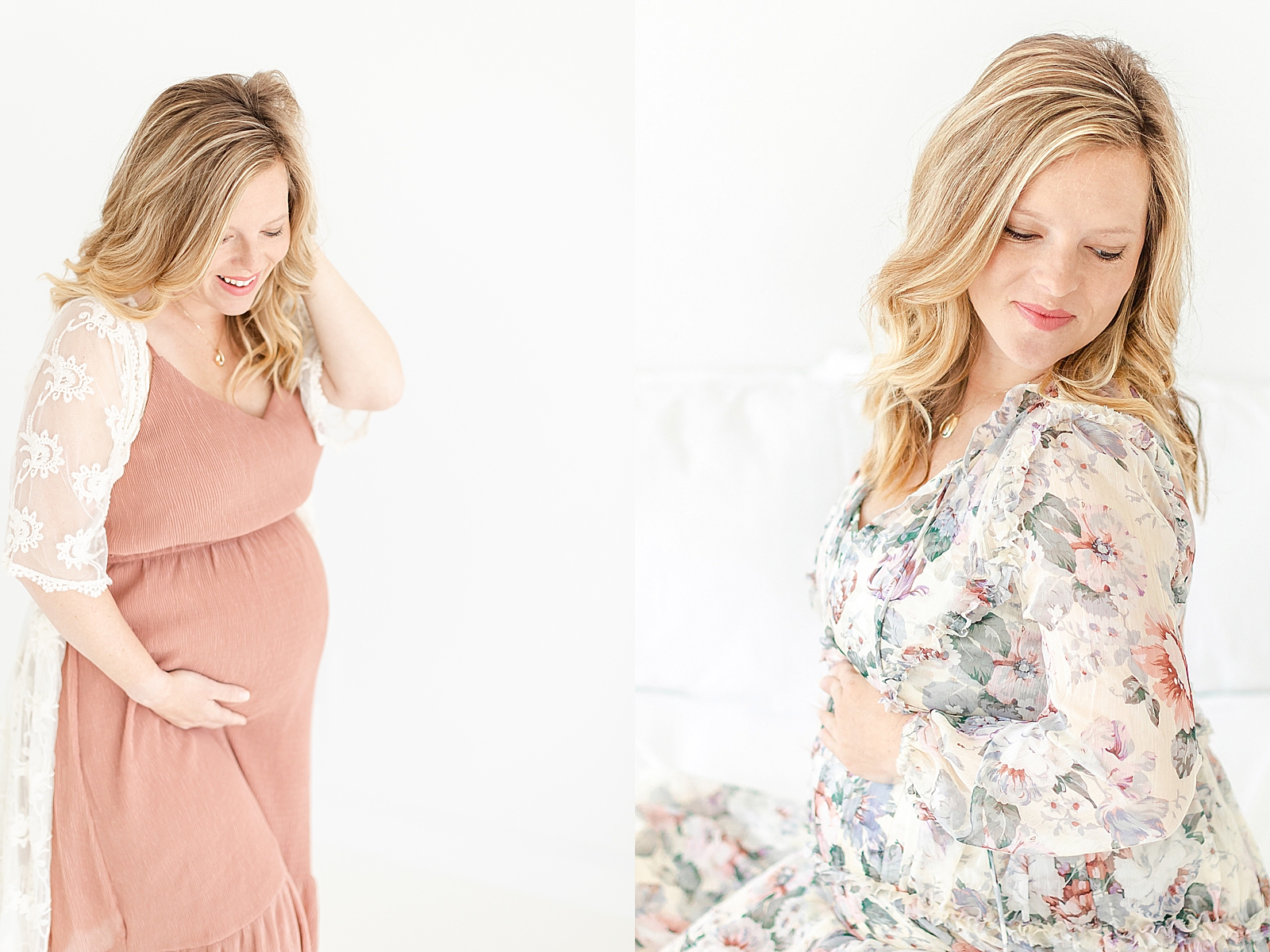 Maternity photos of mom wearing dusty rose dress and floral dress sitting and standing both holding bump