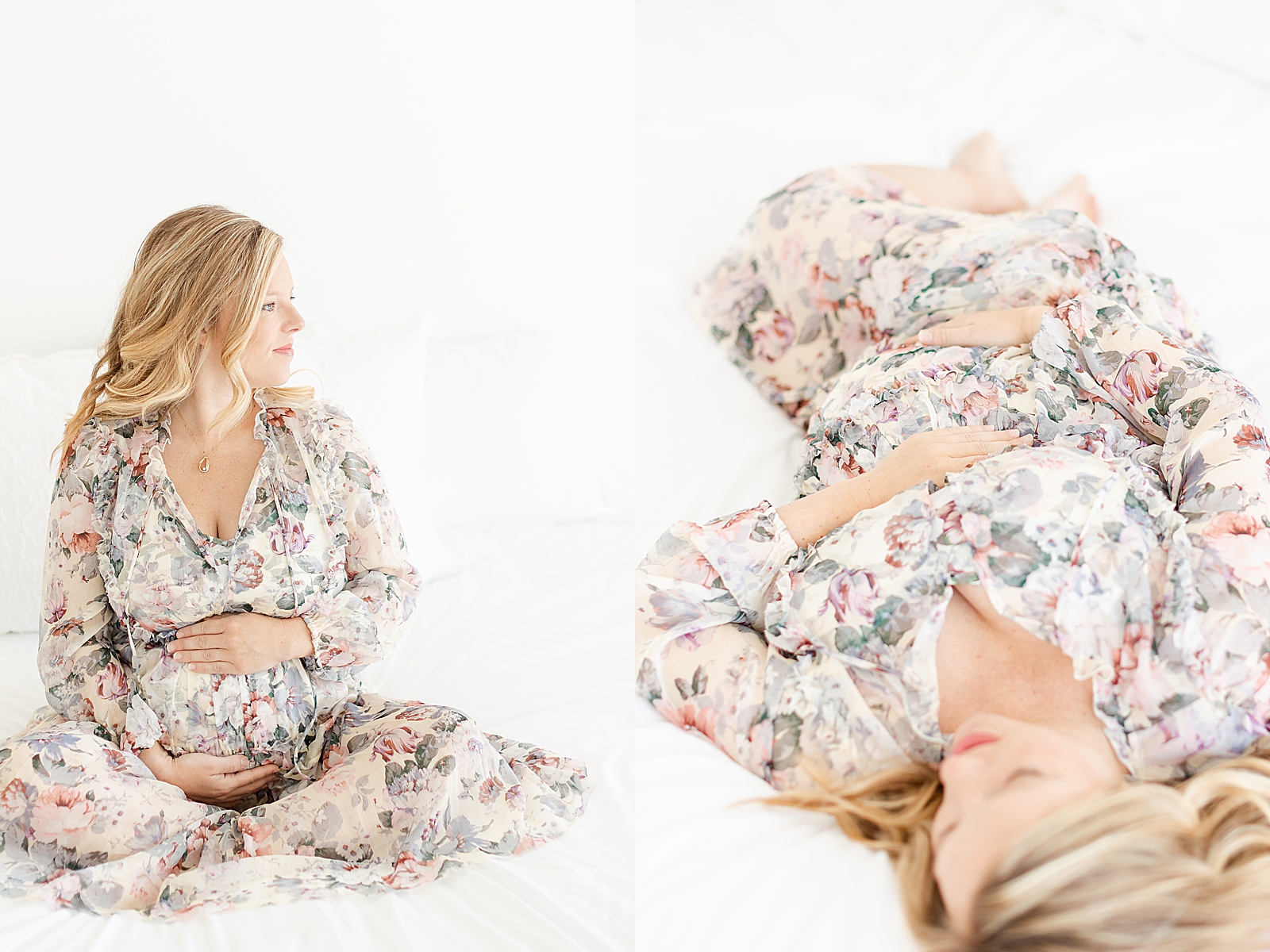 maternity photos of mom in floral dress sitting on bed looking out window holding bump and laying down on bed holding baby bump