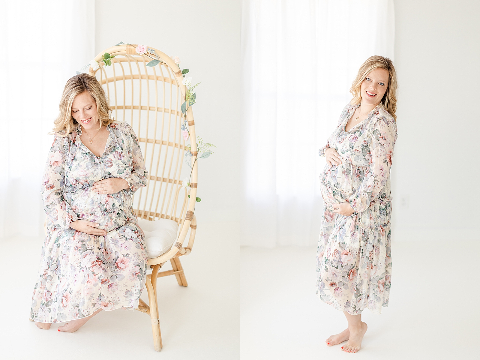 mom sitting in boho chair for maternity photos wearing floral dress holding and looking down at baby bump and standing holding baby bump smiling at camera