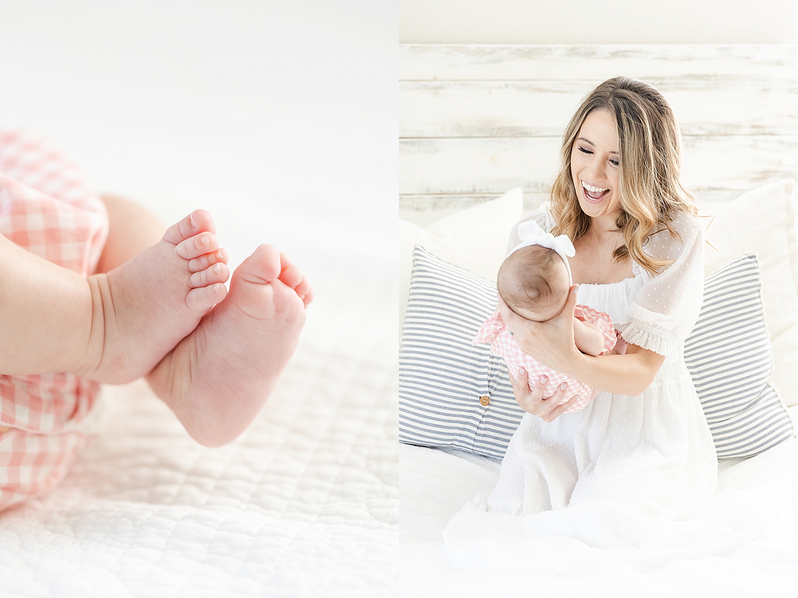 Lifestyle Newborn Photos mom talking and smiling with baby wearing a white dress and a close up of babys feet