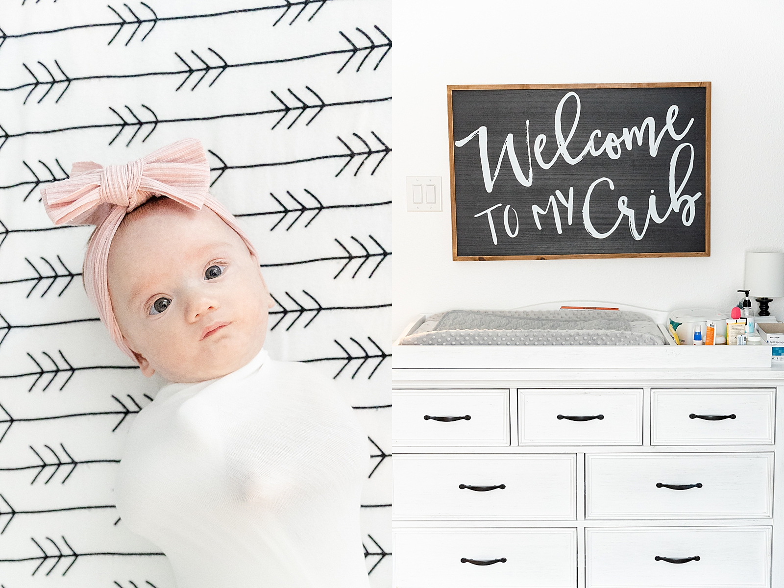 Lifestyle Newborn Photos welcome to my crib nursery and baby swaddled with big pink bow looking at camera