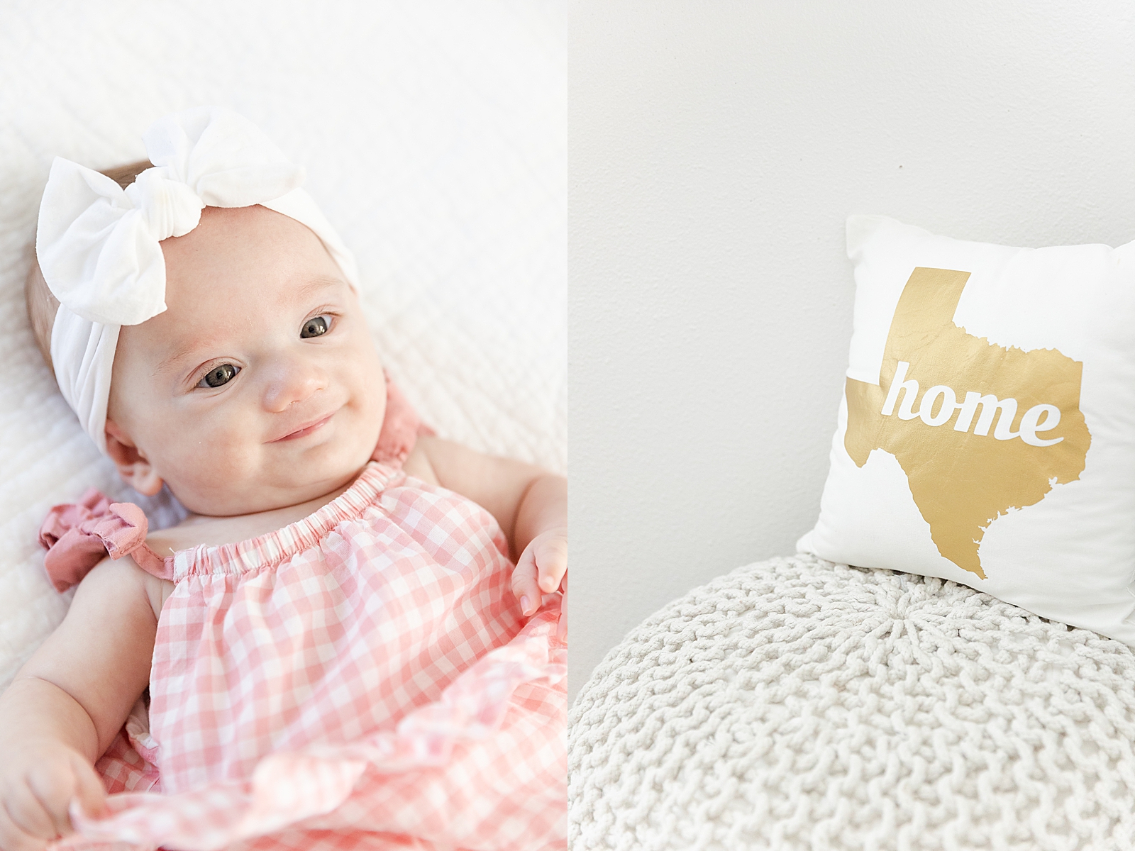 Lifestyle Newborn Photos texas is home pillow nursery decoration and baby smiling in white bow and pink plaid romper