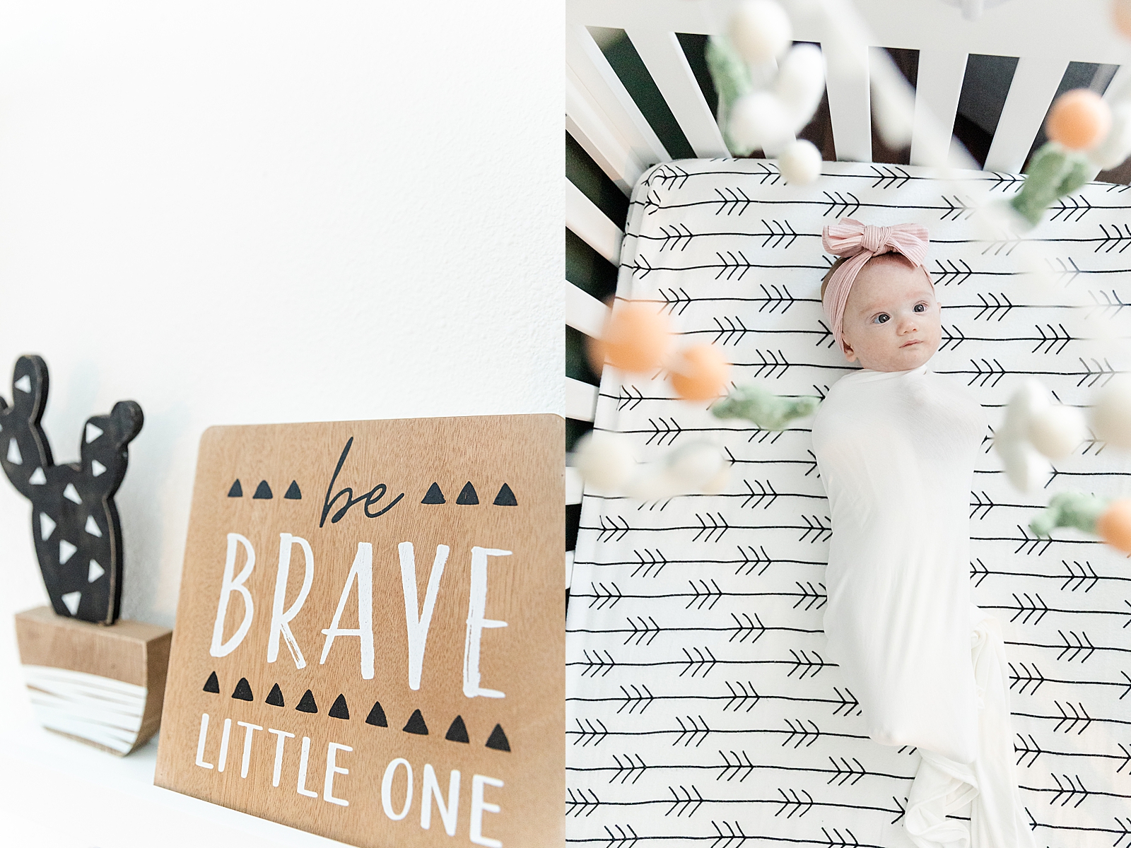 Lifestyle Newborn Photos be brave little one nursery decoration and baby swaddled in crib looking up at cactus mobile
