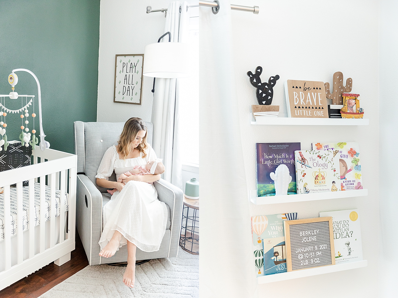 Lifestyle Newborn Photos mom sitting in glider in white dress holding baby in nursery and nursery bookshelf inspriation